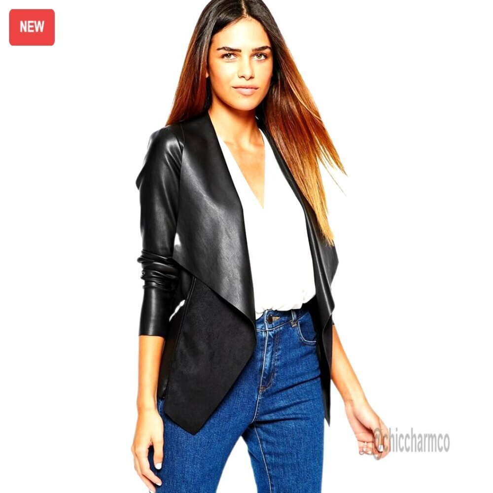 Fitted Stretch Faux Leather Open Front Blazer Jacket Slim Fit